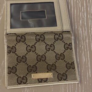 Gucci Beige and Brown Monogram Card Holder with Gold Plate